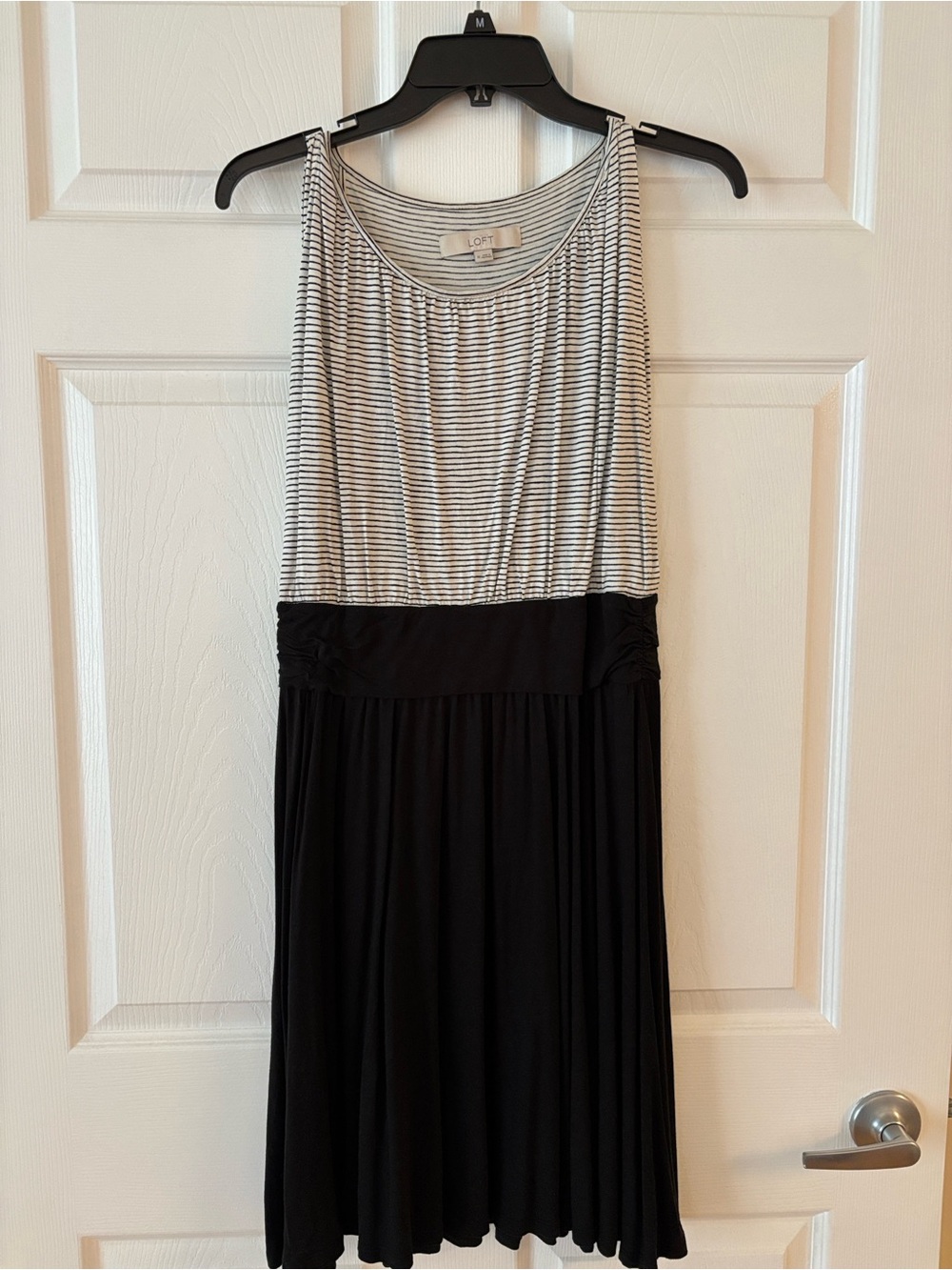 LOFT Black and White Striped Sleeveless Waist-Detail Knee-Length Dress